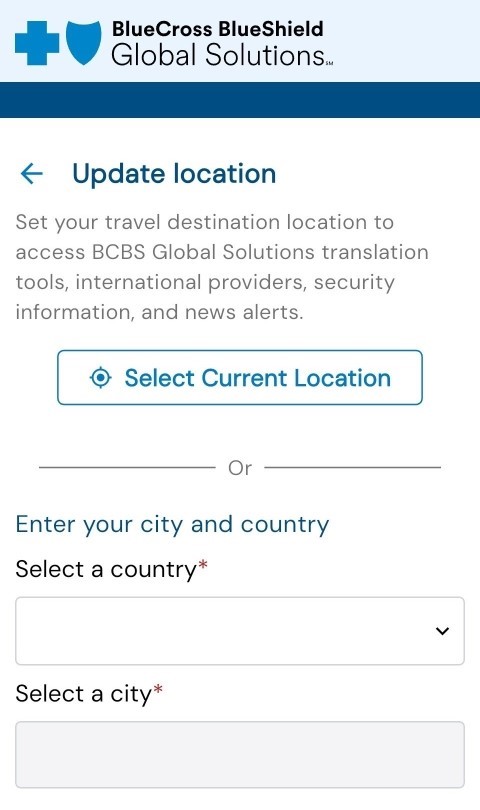 BCBS Global Solutions app update location screenshot