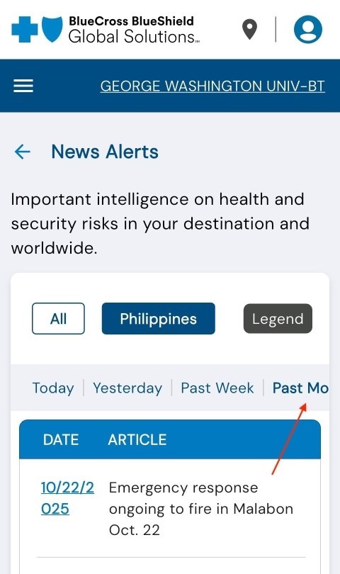 BCBS Global Solutions app past news alerts screenshot